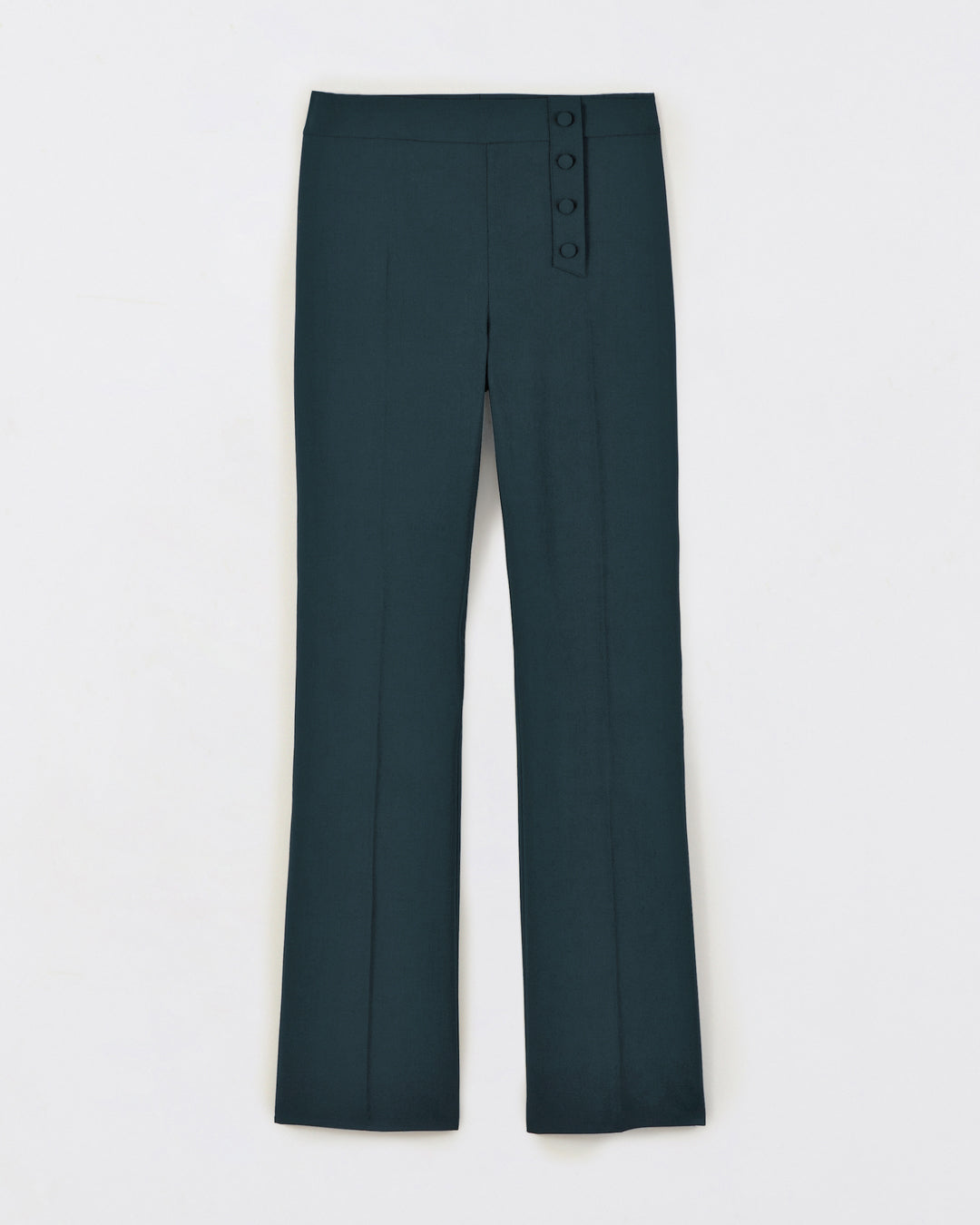 Trouser-tailor-green-High-waist-Cut-flair-vented-at-ankles-Decoration-buttons-covered-asymmetrical-Zipper-side-17H10-tailors-for-women-paris-